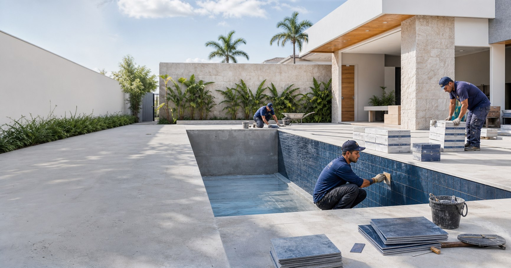 Piscina de alvenaria em fase de acabamento